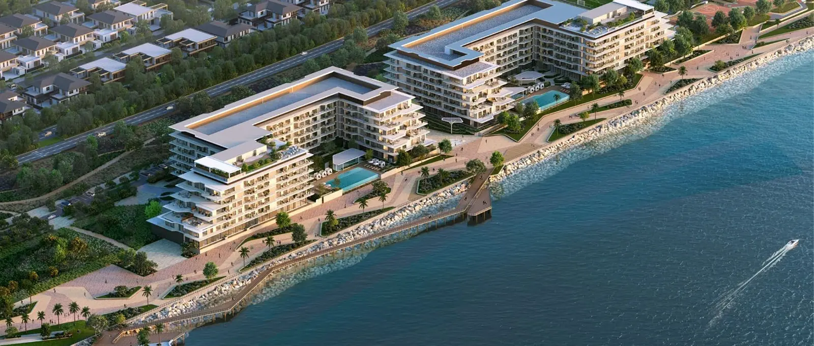 Bashayer waterfront villas exterior Abu Dhabi featuring rooftop infinity pool and panoramic Arabian Gulf skyline views