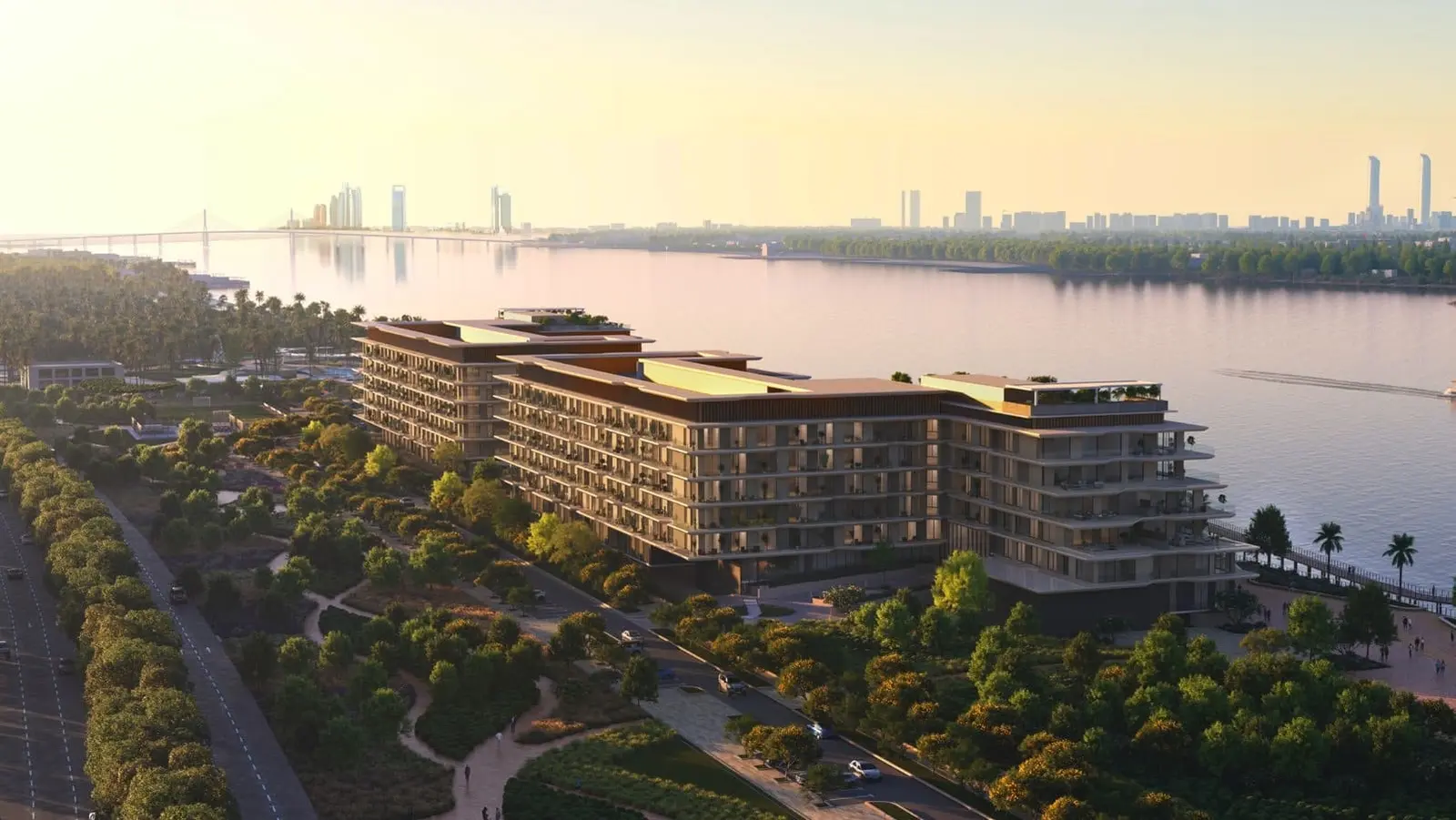 Exterior facade of Bashayer luxury villas and penthouses on Hudayriyat Island, Abu Dhabi waterfront real estate development