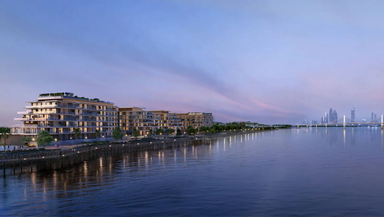 Bashayer master community exterior view Hudayriyat Island Abu Dhabi with promenade, greenery and coastal villa architecture