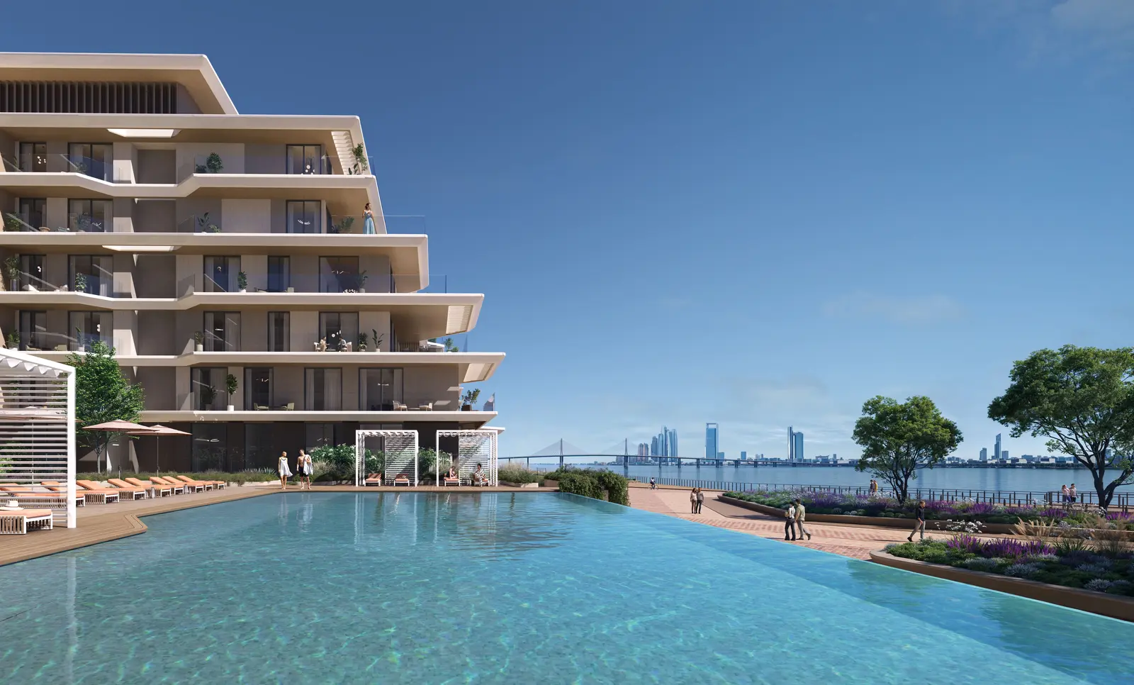 Bashayer Hudayriyat Island exterior architecture showcasing modern villas and residences with Arabian Gulf waterfront skyline views