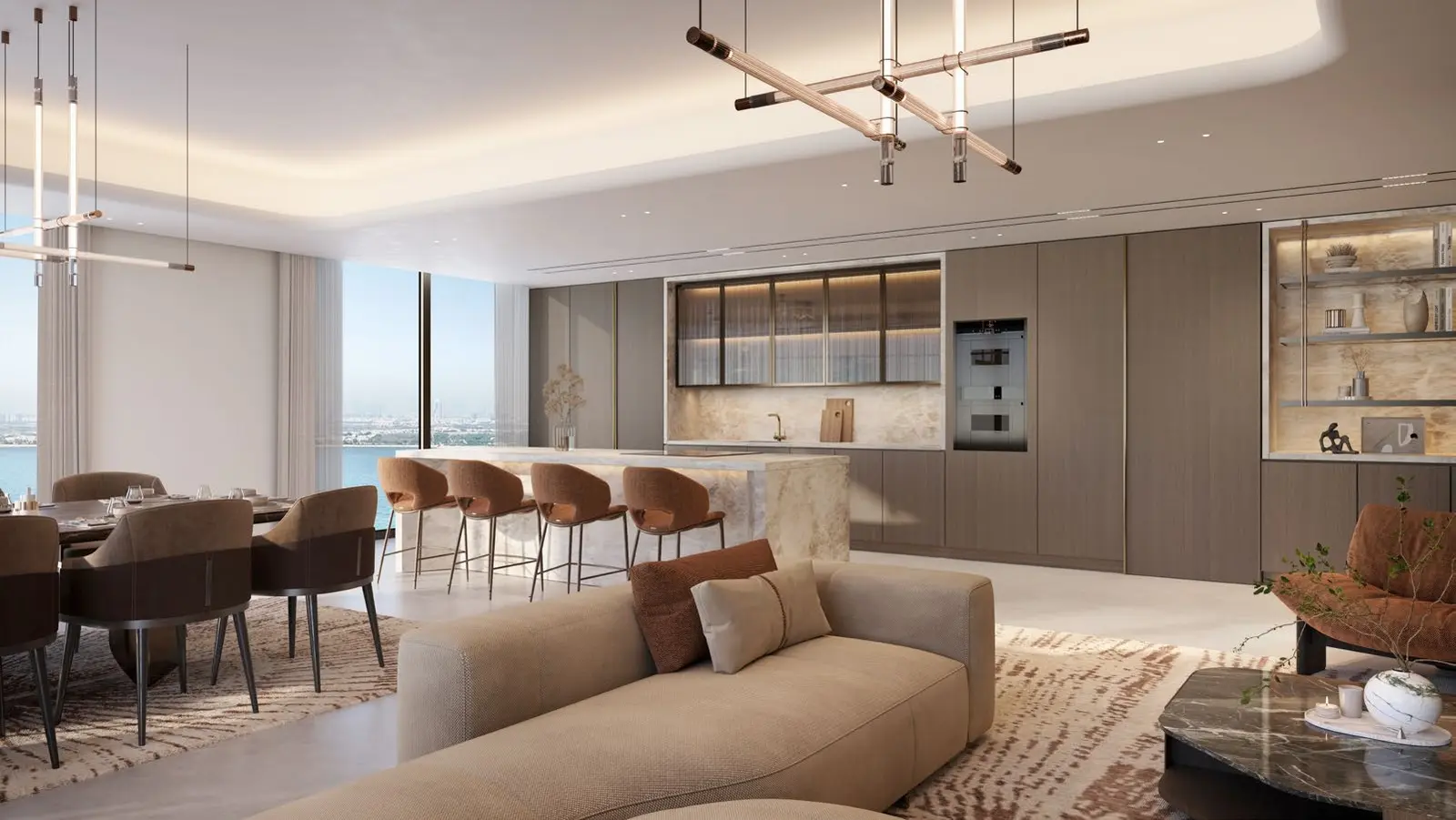 Modern living room interior of Bashayer Residences apartment featuring luxury finishes and smart home integration in Abu Dhabi.jpg