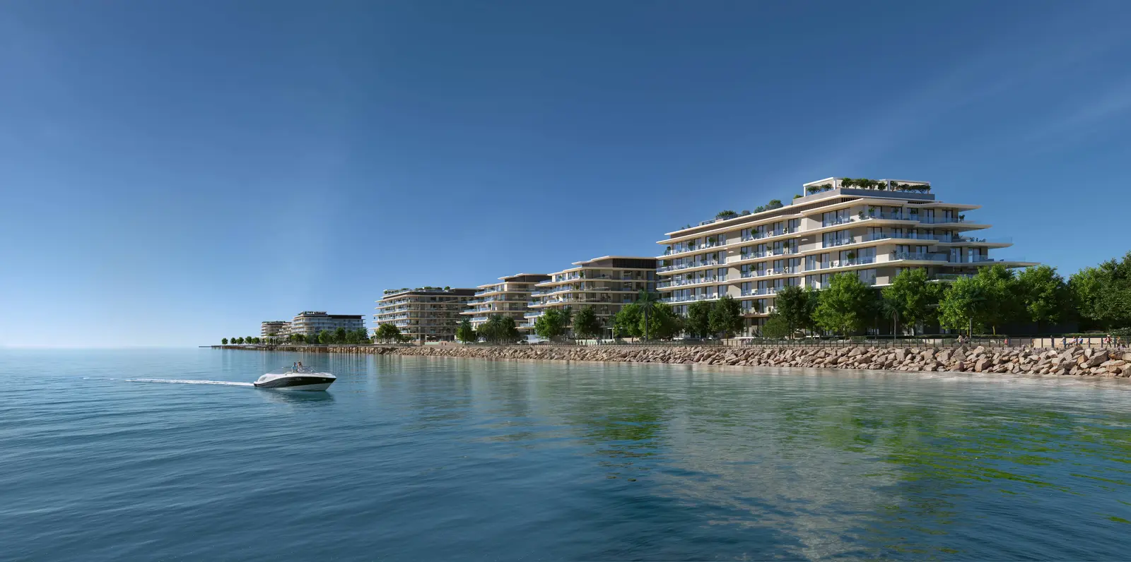 Waterfront-facing Bashayer Residences exterior capturing modern design, landscaped pathways, and uninterrupted views of Abu Dhabi’s skyline..jpg