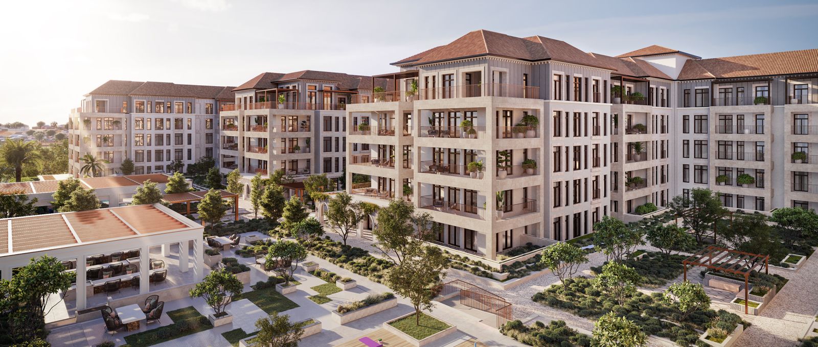 Nawayef Park Views residential façade with park and Med-style architecture, Hudayriyat Island, Abu Dhabi